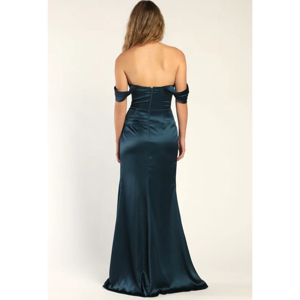 Lulus Stunning Arrival Dark Teal Satin Off-The-Shoulder Maxi Dress Gown XS NEW - Picture 4 of 14